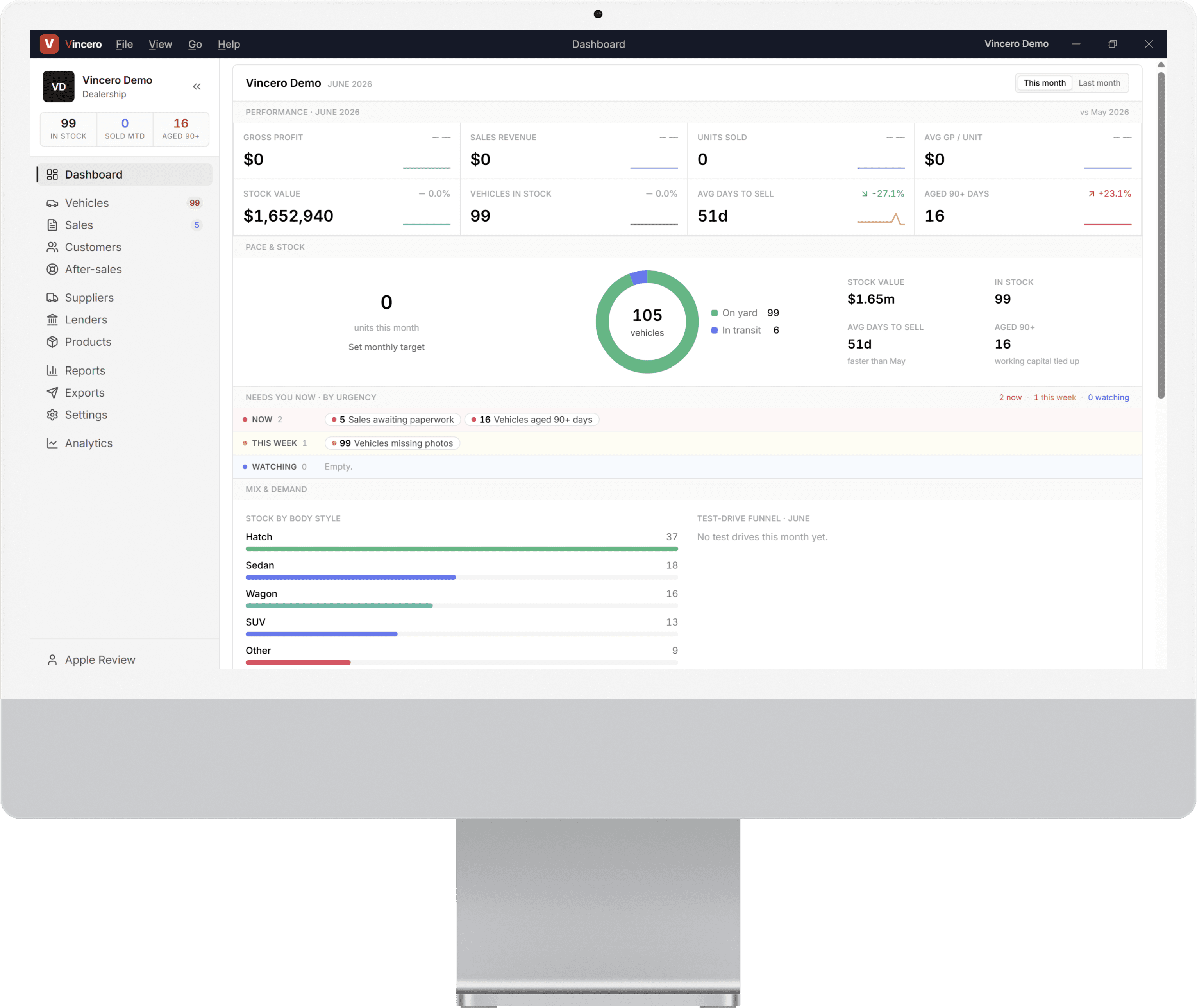 The Vincero web DMS dashboard on an iMac